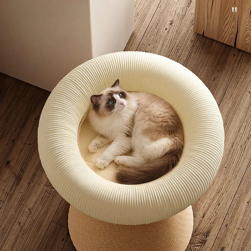 Cat relaxing on plush mushroom cat scratching tower