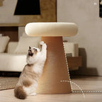 Cat relaxing on plush mushroom cat scratching tower