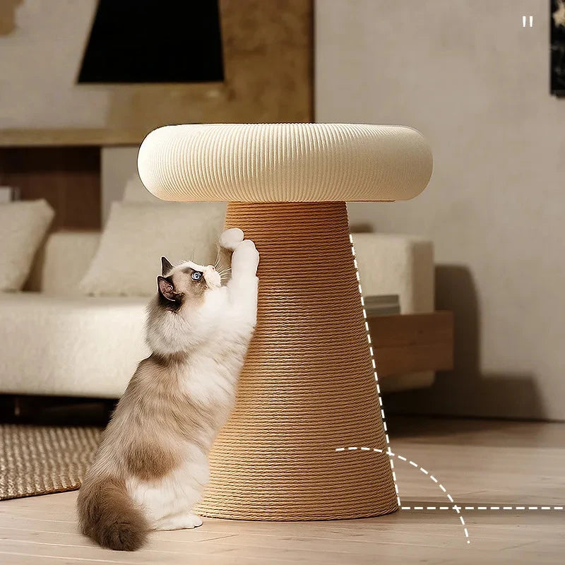 Cat relaxing on plush mushroom cat scratching tower