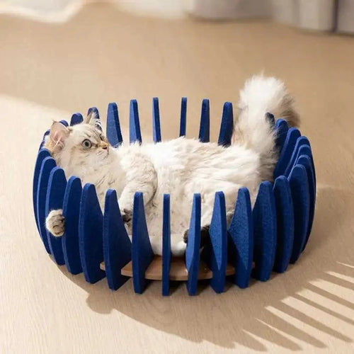 Modern birdcage cat house featuring premium blue felt panels