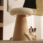 Cat relaxing on plush mushroom cat scratching tower