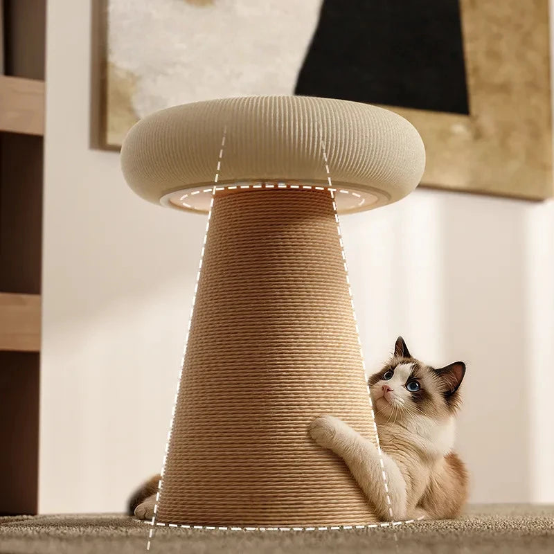 Cat relaxing on plush mushroom cat scratching tower