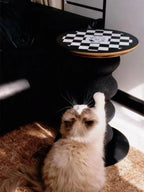 Modern chessboard cat side table with integrated eco-friendly paper rope scratching post