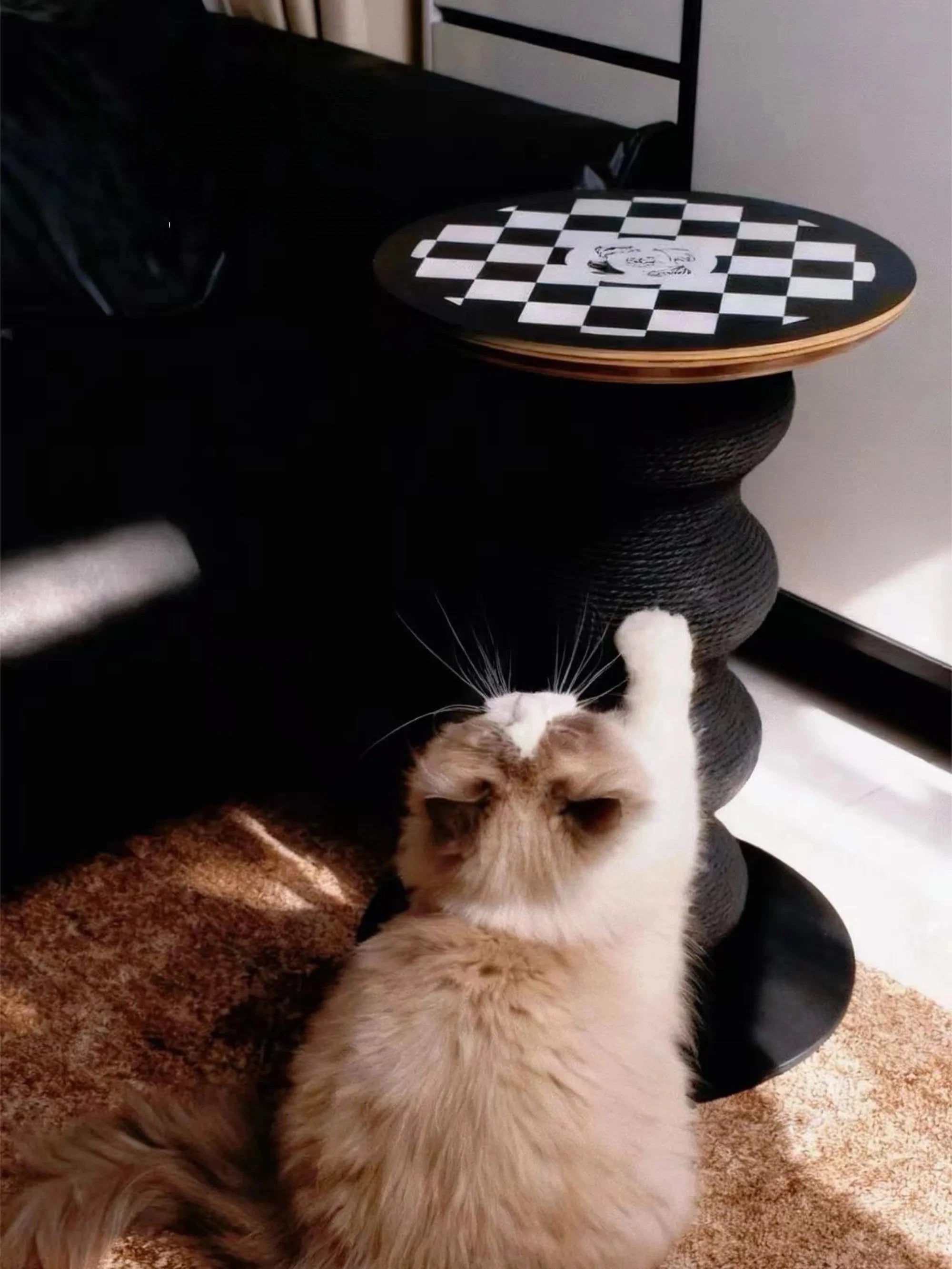 Modern chessboard cat side table with integrated eco-friendly paper rope scratching post
