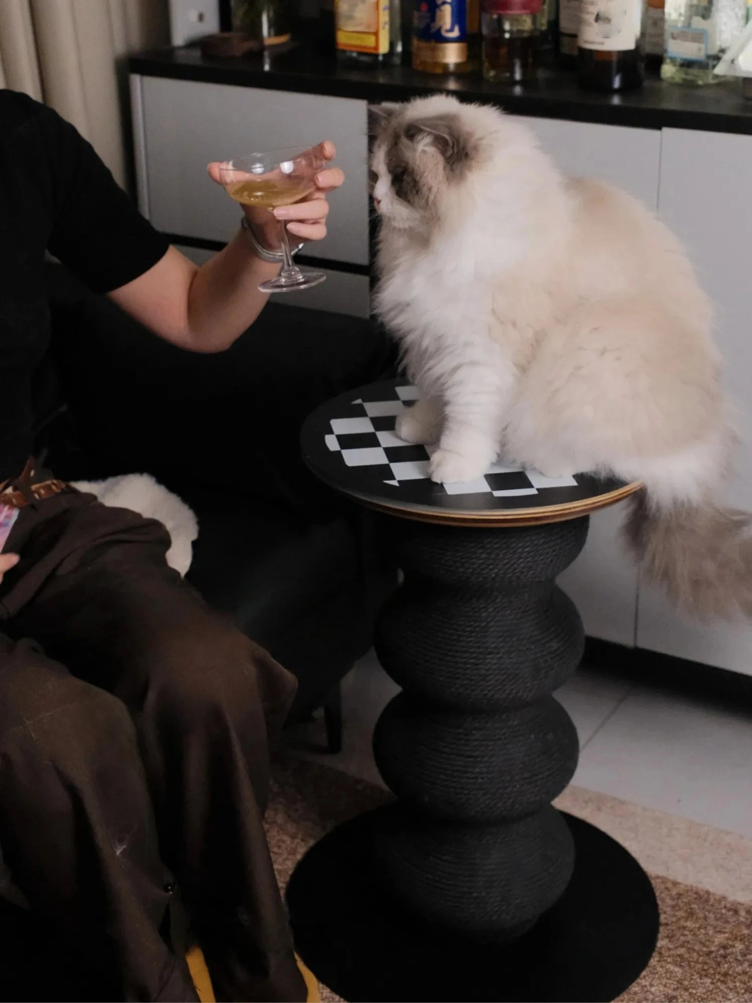 Modern chessboard cat side table with integrated eco-friendly paper rope scratching post