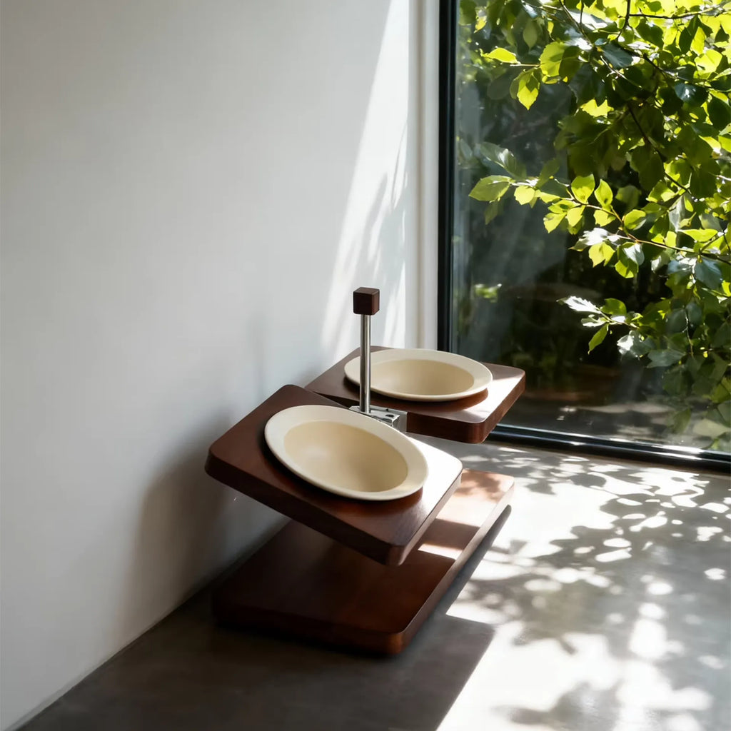 Mid-Century Modern Wooden Pet Bowl Stand – Adjustable Elevated Feeder