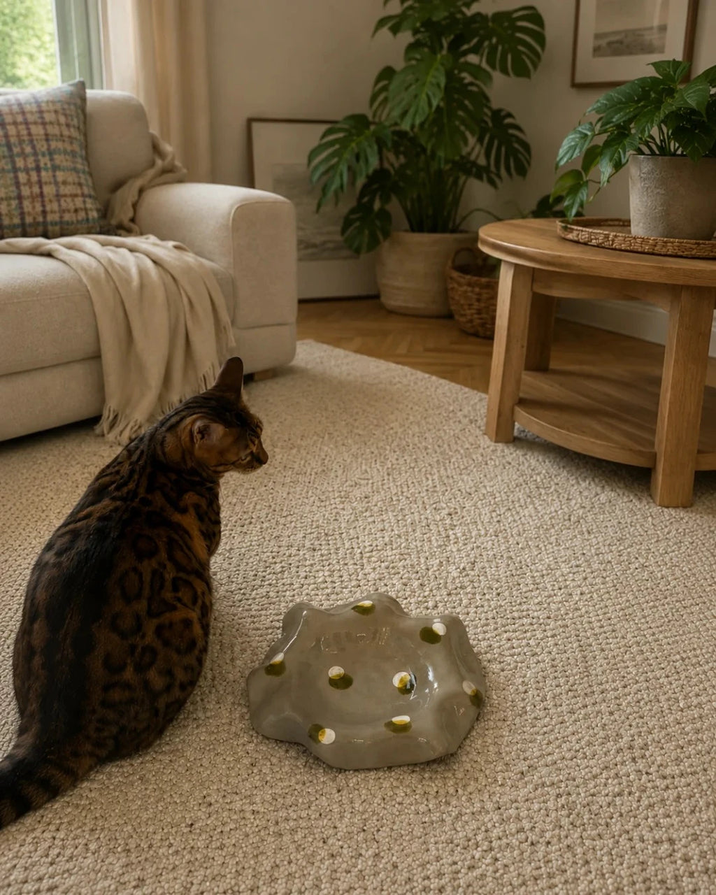 The Waving by DUASY - handmade ceramic slow feeder bowl with gold polka dots, Fixture Line - close-up