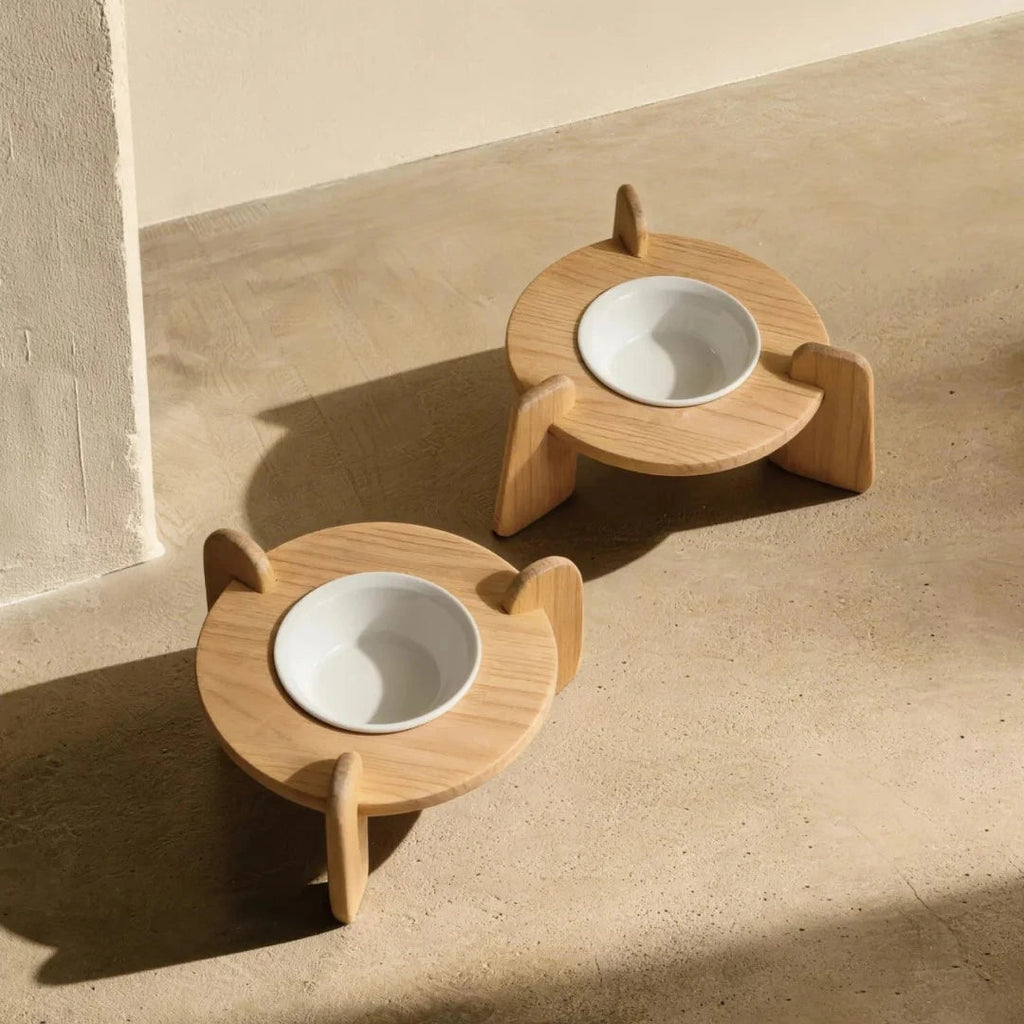 Solid wood elevated pet bowl with ceramic feeding bowl for cats and small dogs