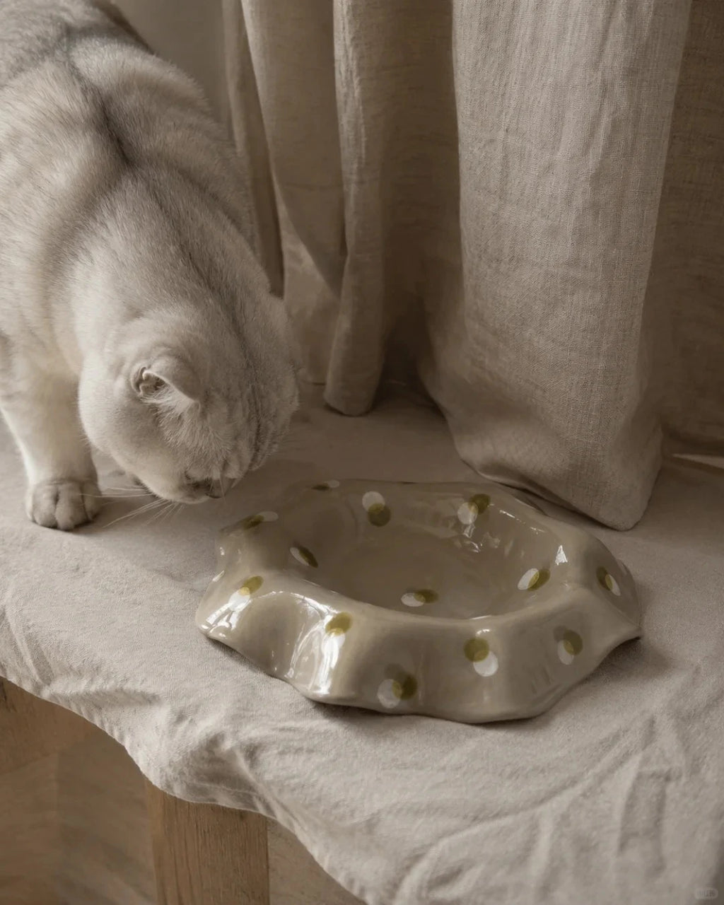 The Waving by DUASY - handmade ceramic slow feeder bowl with gold polka dots, Fixture Line