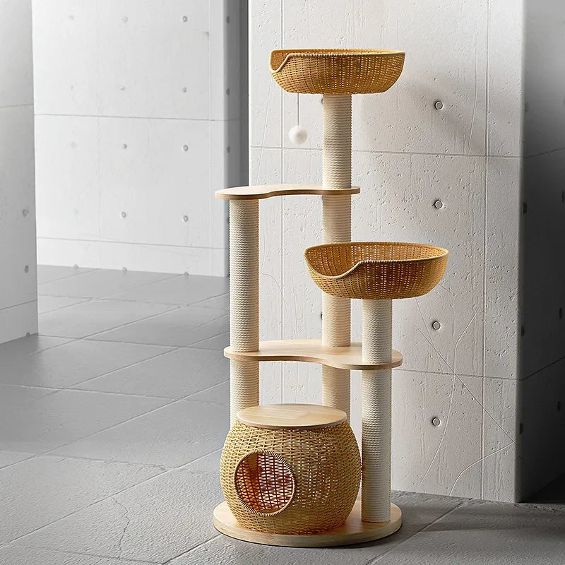 Double-Layer Cat Retreat: Features a cozy lotus-shaped top bed and spacious enclosed cat condo below.