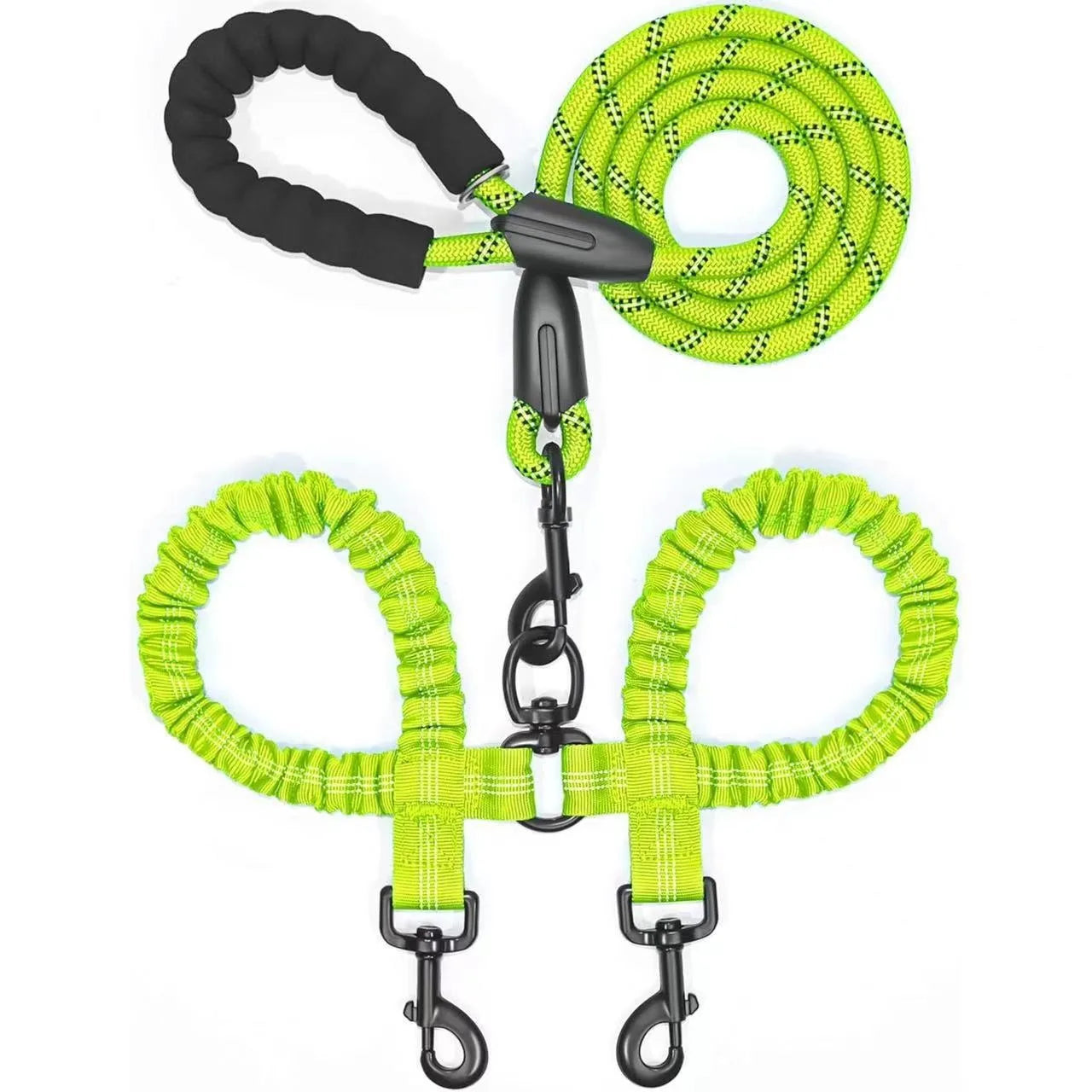 Two-Dog Double-Headed Anti-Tangle Retractable Elastic Nylon Pet Leash Padded Ribbon Dog Reflective Rope Leash