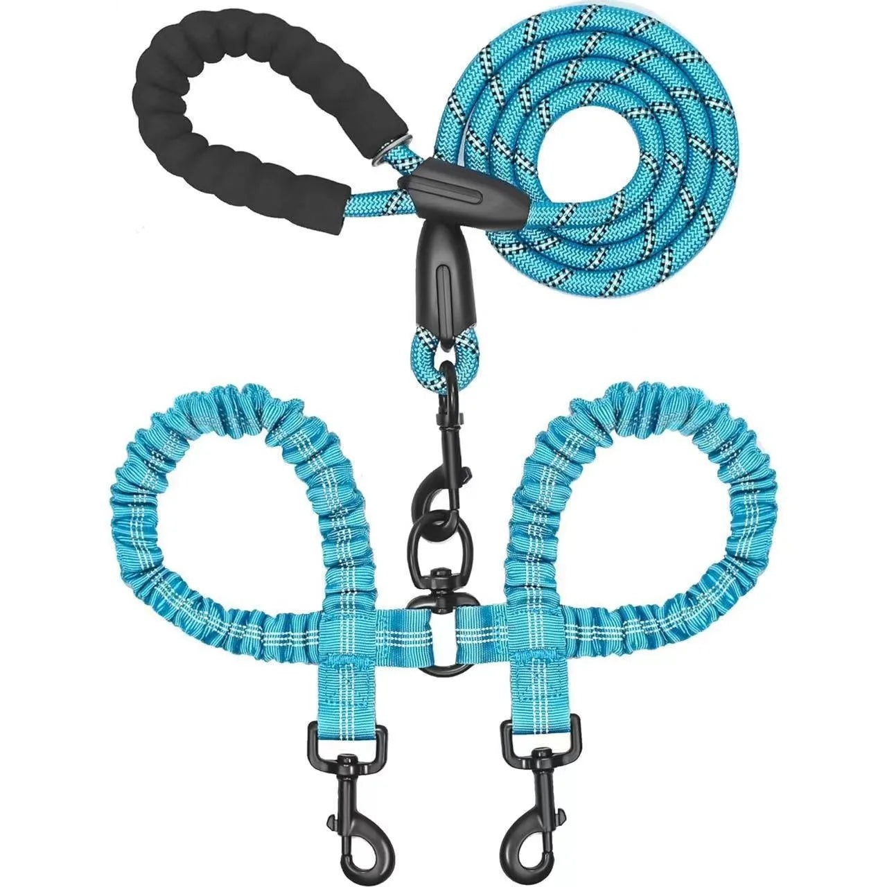 Two-Dog Double-Headed Anti-Tangle Retractable Elastic Nylon Pet Leash Padded Ribbon Dog Reflective Rope Leash