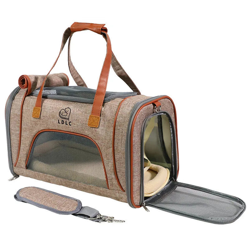Portable, foldable, breathable Oxford fabric zippered pet carrier, designed specifically for car and air travel, suitable for cats and dogs, solid color