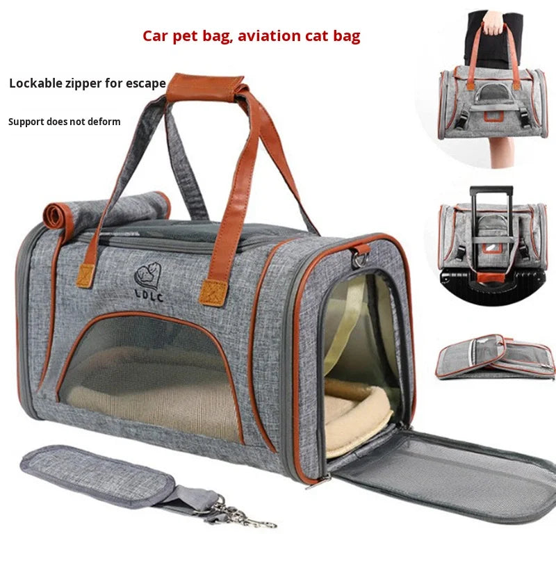 Portable, foldable, breathable Oxford fabric zippered pet carrier, designed specifically for car and air travel, suitable for cats and dogs, solid color