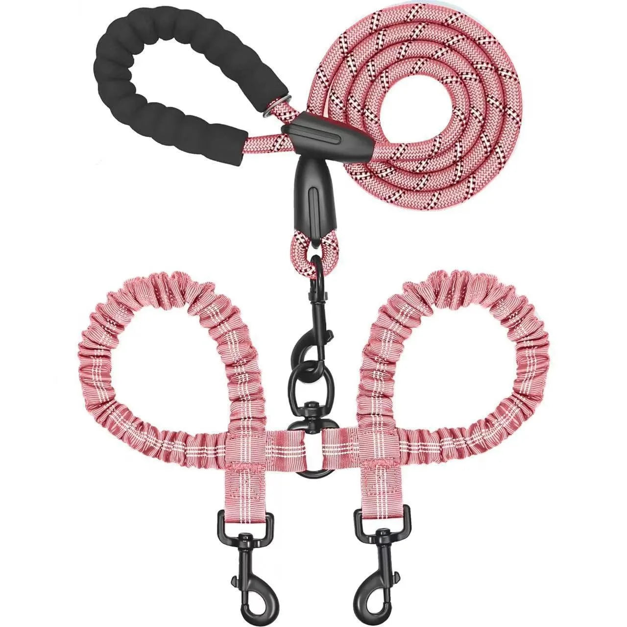 Two-Dog Double-Headed Anti-Tangle Retractable Elastic Nylon Pet Leash Padded Ribbon Dog Reflective Rope Leash