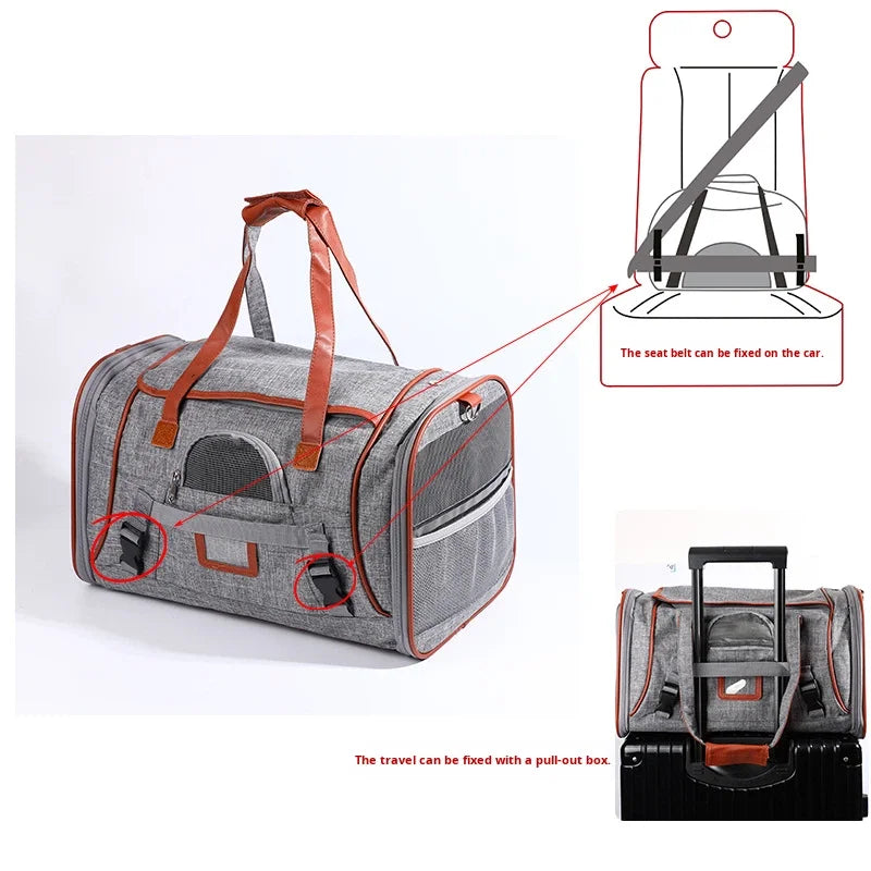 Portable, foldable, breathable Oxford fabric zippered pet carrier, designed specifically for car and air travel, suitable for cats and dogs, solid color