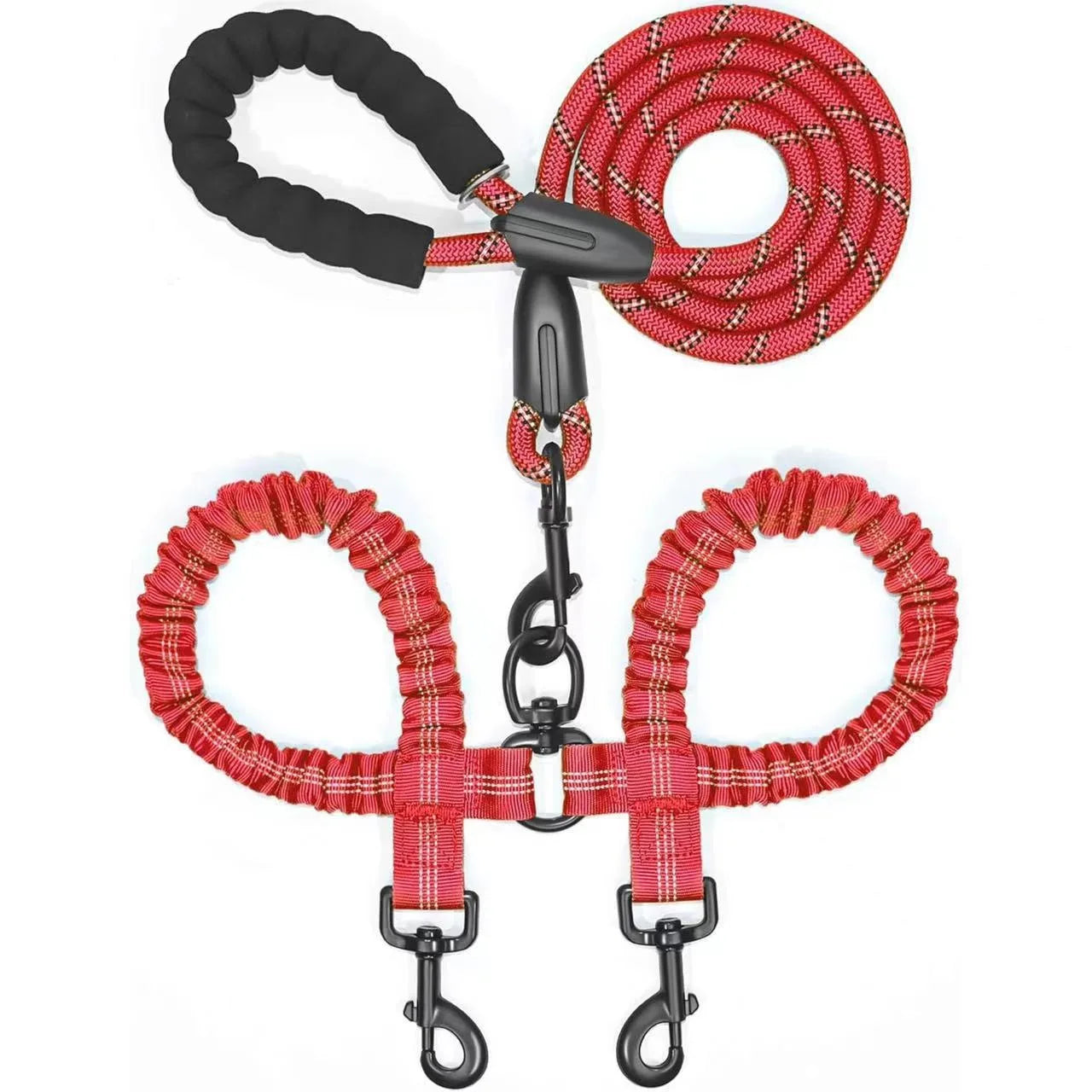 Two-Dog Double-Headed Anti-Tangle Retractable Elastic Nylon Pet Leash Padded Ribbon Dog Reflective Rope Leash