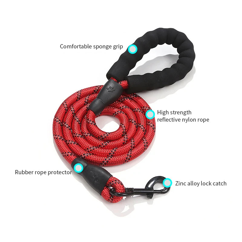 Durable Nylon Reflective Dog Leash Heavy Duty Pet Traction Rope Adjustable Length for Large Medium Dogs Training Walking