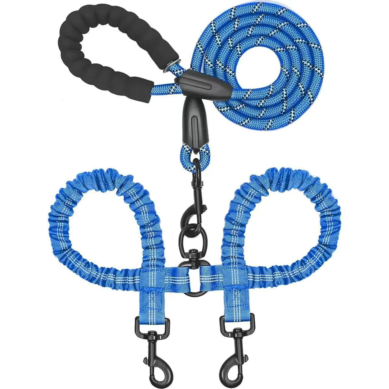 Two-Dog Double-Headed Anti-Tangle Retractable Elastic Nylon Pet Leash Padded Ribbon Dog Reflective Rope Leash