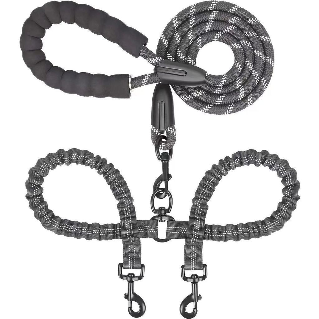 Two-Dog Double-Headed Anti-Tangle Retractable Elastic Nylon Pet Leash Padded Ribbon Dog Reflective Rope Leash