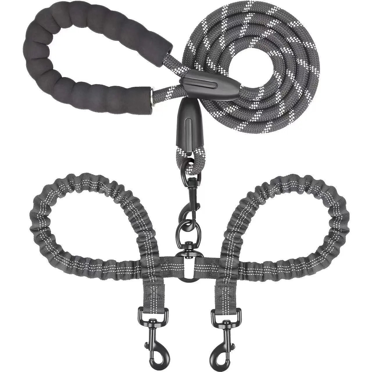 Two-Dog Double-Headed Anti-Tangle Retractable Elastic Nylon Pet Leash Padded Ribbon Dog Reflective Rope Leash
