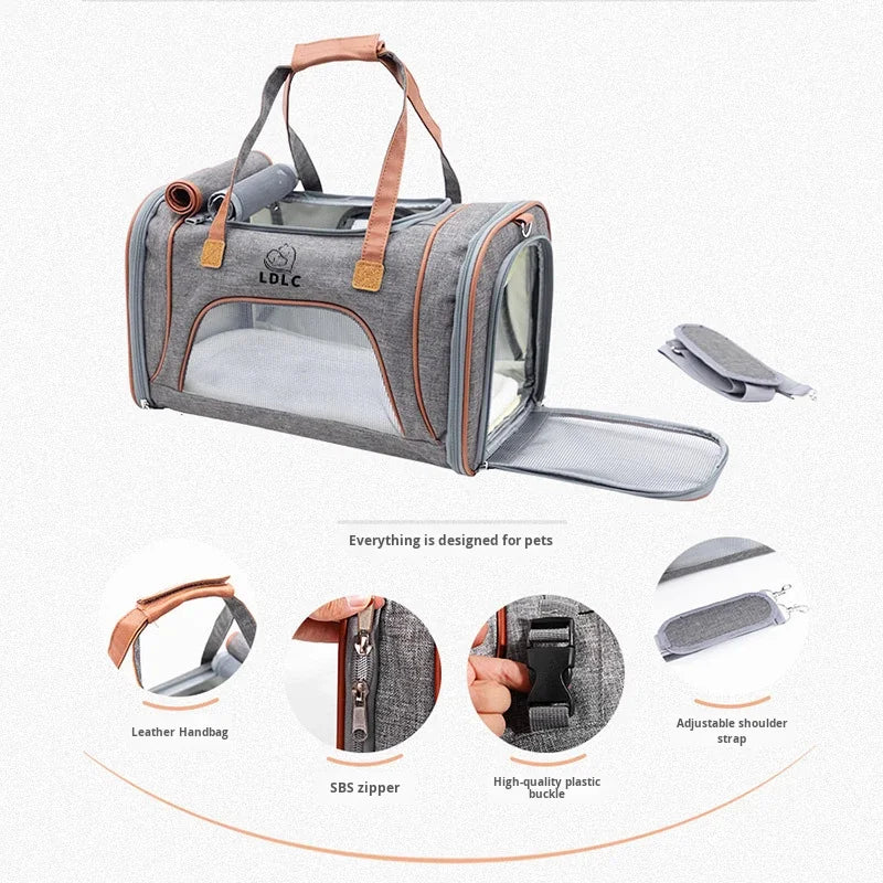 Portable, foldable, breathable Oxford fabric zippered pet carrier, designed specifically for car and air travel, suitable for cats and dogs, solid color