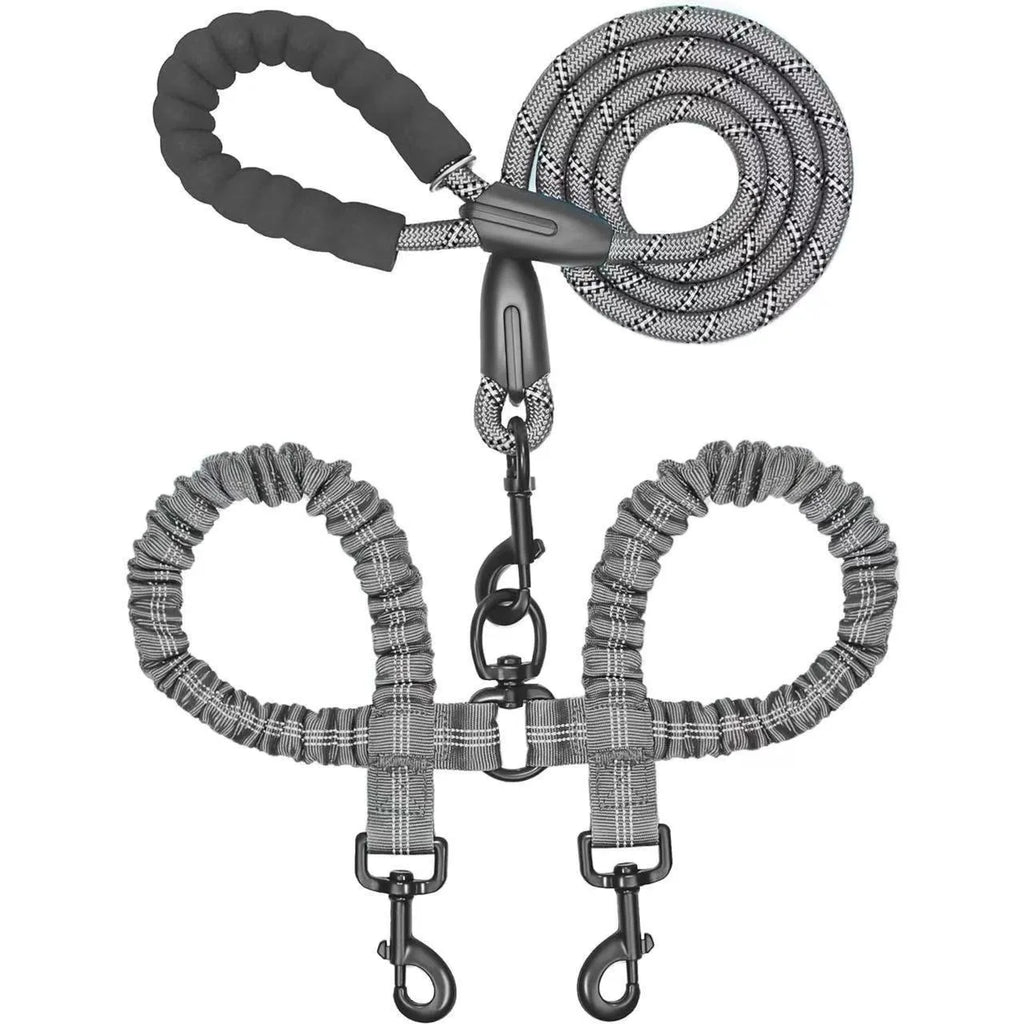 Two-Dog Double-Headed Anti-Tangle Retractable Elastic Nylon Pet Leash Padded Ribbon Dog Reflective Rope Leash