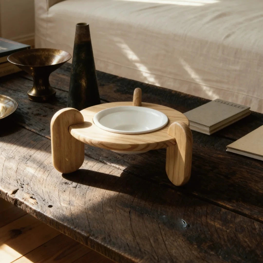 Natural pine wood pet bowl with removable ceramic bowl