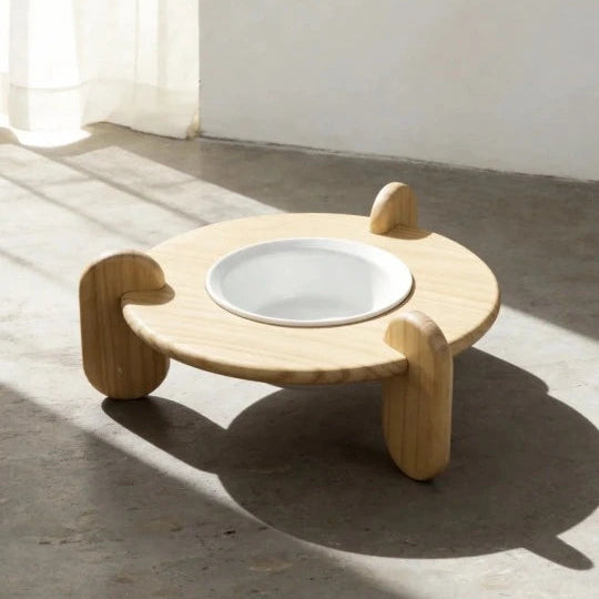 Natural pine wood pet bowl with removable ceramic bowl
